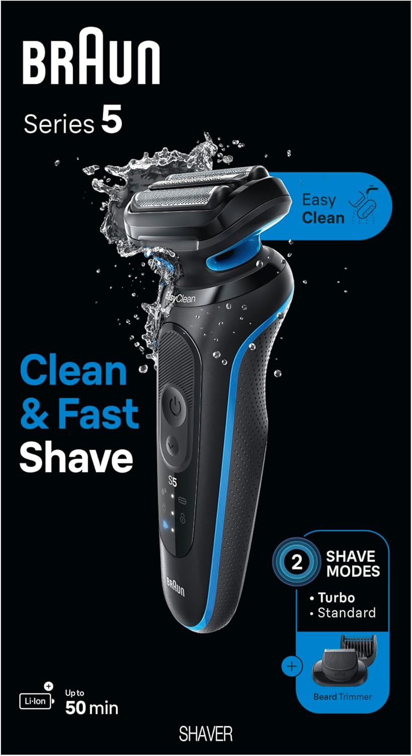 BRAUN SERIES 5 5120S ELECTRIC SHAVER FOR MEN WET DRY FOIL SHAVER WITH TRIMMER, BLUE