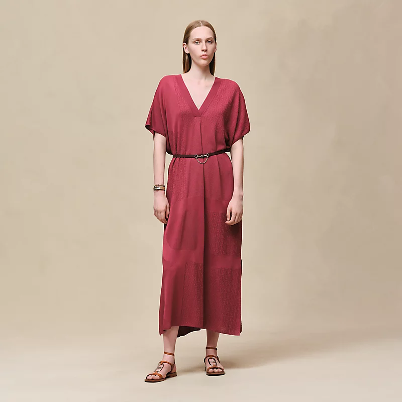 HERMES CHAINE D'ANCRE" LONG CAFTAN DRESS ROSE / LIE DE VIN