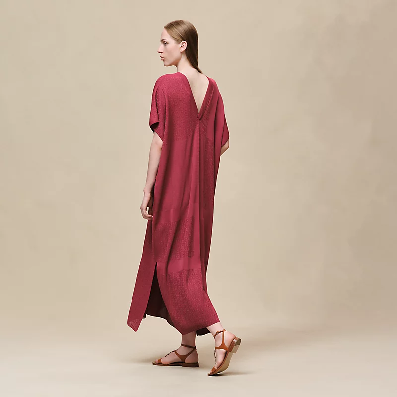 HERMES CHAINE D'ANCRE" LONG CAFTAN DRESS ROSE / LIE DE VIN