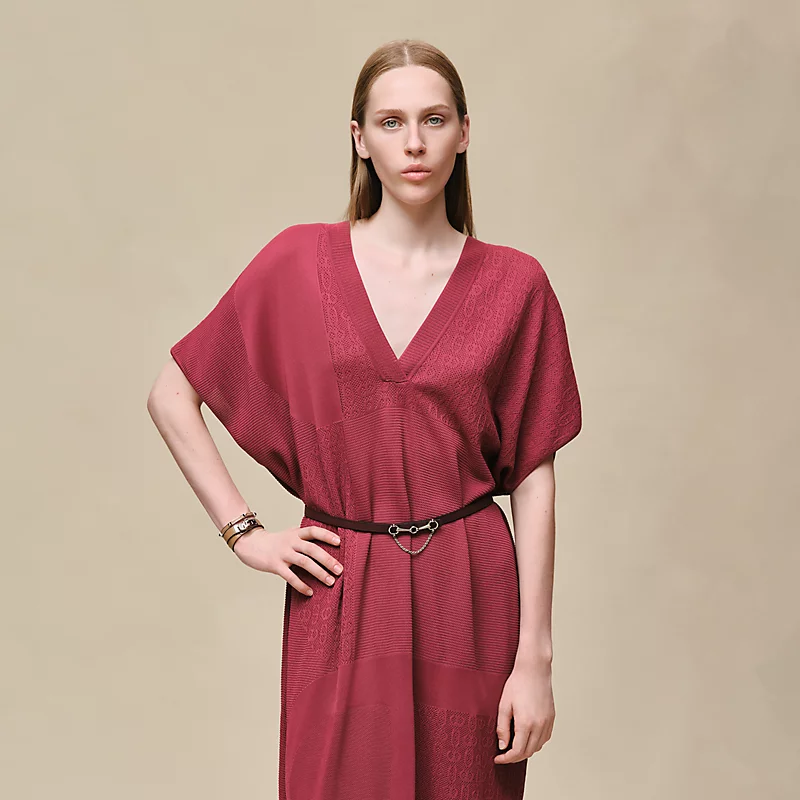 HERMES CHAINE D'ANCRE" LONG CAFTAN DRESS ROSE / LIE DE VIN