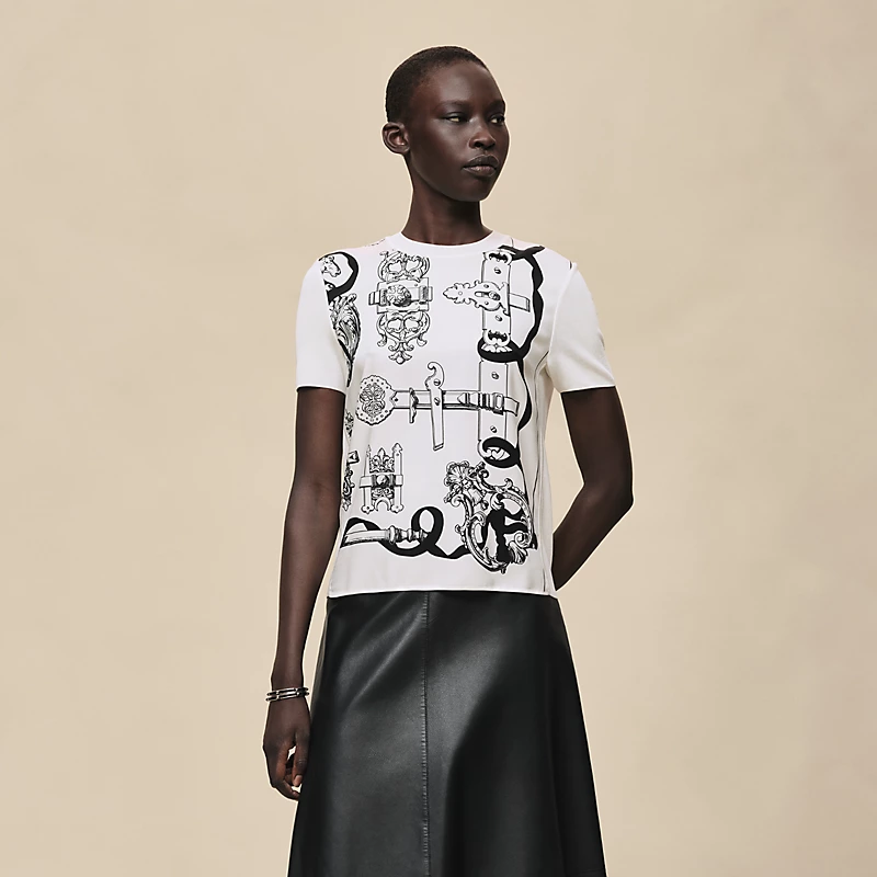 HERMES FERRONNERIE REMIX" SHORT-SLEEVE TWILLAINE SWEATER  BLANC NACRE