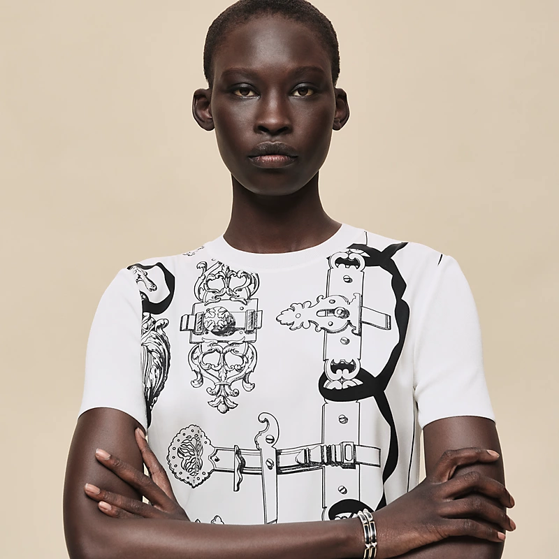 HERMES FERRONNERIE REMIX" SHORT-SLEEVE TWILLAINE SWEATER  BLANC NACRE