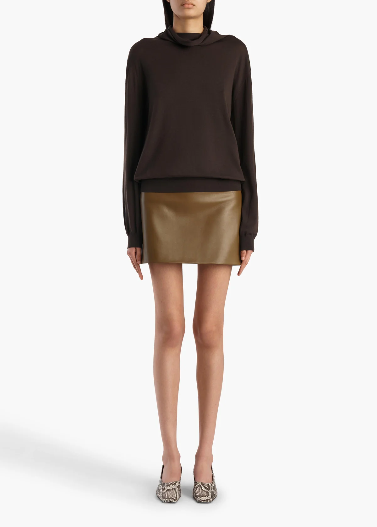 KHAITE T SKIRT DARK OLIVE LEATHER