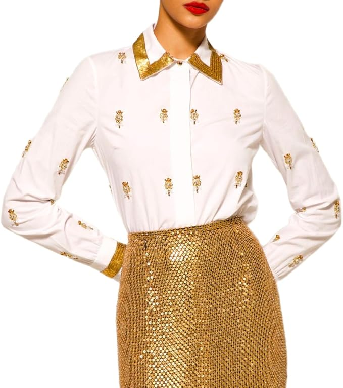 SERGIO HUDSON HAND EMBROIDERED BUTTON DOWN BLOUSE WHITE/GOLD