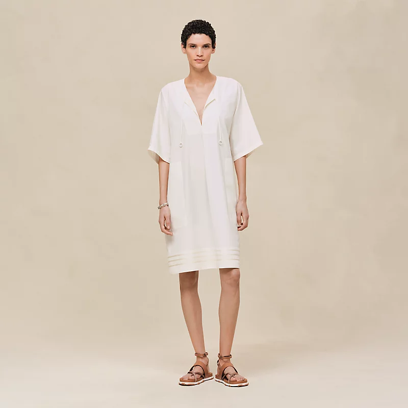 HERMES EMBROIDERED BEACH CAFTAN BLANC CASSé