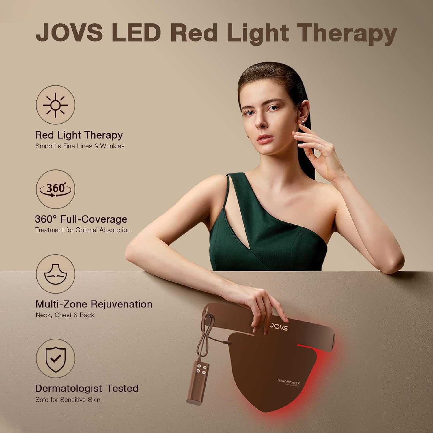 JOVS RED LIGHT THERAPY MASK FOR NECK CHEST, 66 LEDS 630NM ANTI-AGING SKINCARE DEVICE