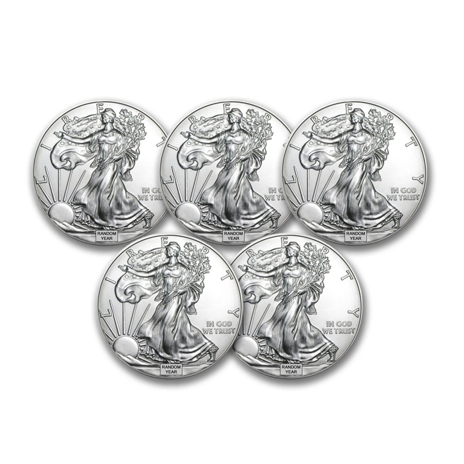 APMEX 1 OZ AMERICAN SILVER EAGLE BU (RANDOM YEAR) - LOT OF 5