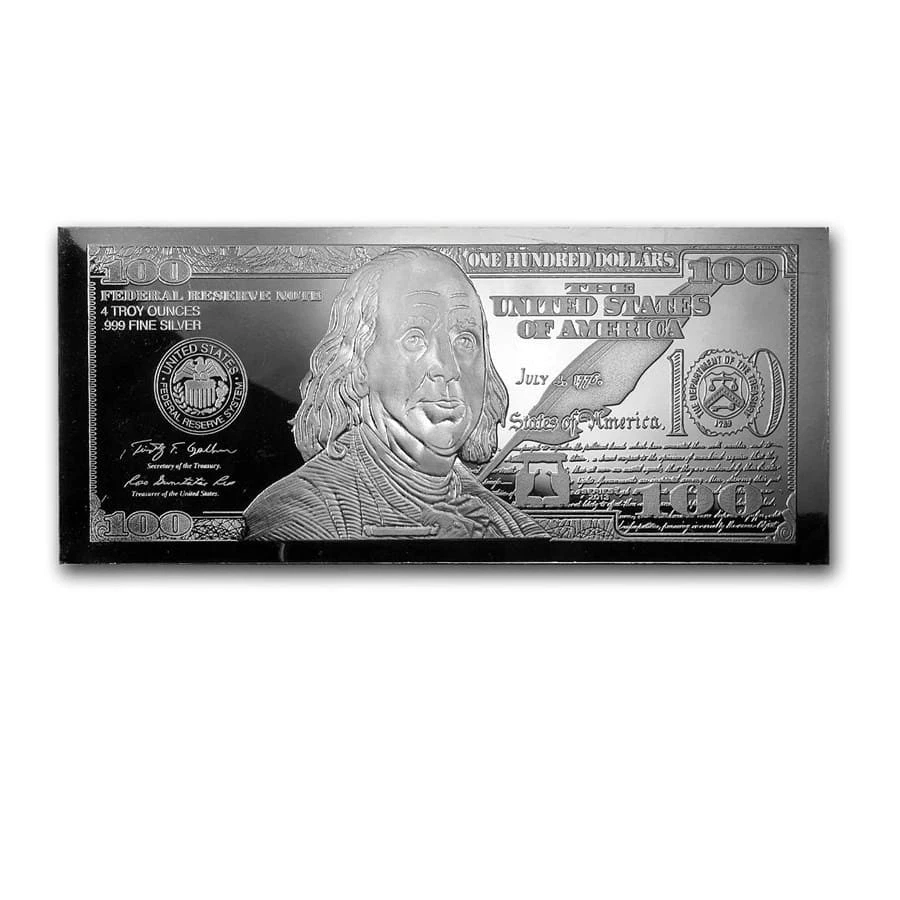 APMEX 4 OZ SILVER BAR - RANDOM YEAR $100 BILL (W/BOX & COA)