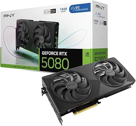 PNY NVIDIA GEFORCE RTX™ 5080 SLIM DUAL-FAN, DUAL-SLOT OC GRAPHICS CARD (16GB GDDR7, SFF-READY, 256-BIT, BOOST SPEED: 2730 MHZ, PCIE® 5.0, HDMI®/DP 2.1, NVIDIA BLACKWELL ARCHITECTURE, DLSS 4.5)-2-SLOT DUAL FAN OC-