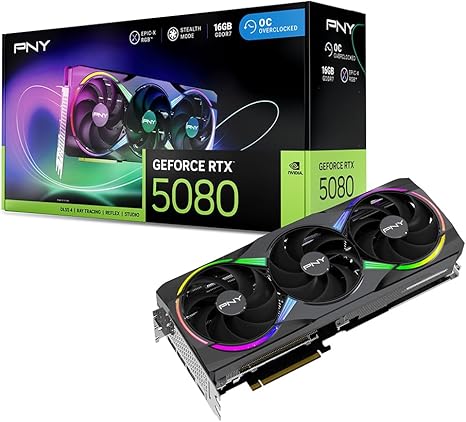 PNY NVIDIA GEFORCE RTX™ 5080 SLIM DUAL-FAN, DUAL-SLOT OC GRAPHICS CARD (16GB GDDR7, SFF-READY, 256-BIT, BOOST SPEED: 2730 MHZ, PCIE® 5.0, HDMI®/DP 2.1, NVIDIA BLACKWELL ARCHITECTURE, DLSS 4.5)-TRIPLE FAN ARGB OC