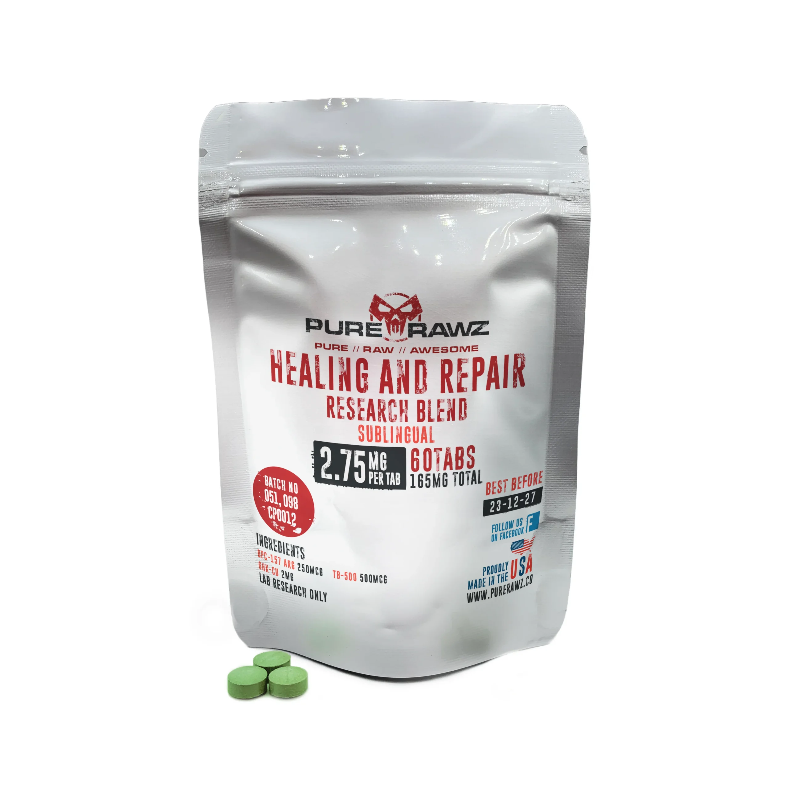 Purerawz Healing and Repair Research Blend: BPC-157 Arg + Thymosin Beta-4 + GHK-Cu Sublinqual Tablets 2.75mq per tablet/60ct/165mq