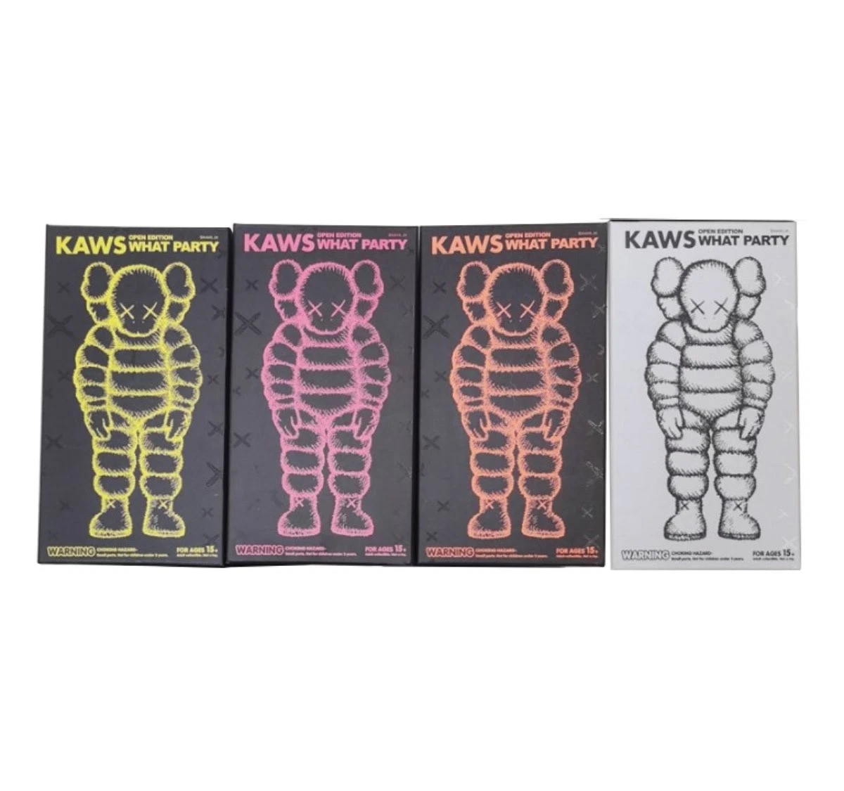 KAWS WHAT PARTY SET • YELLOW ORANGE PINK WHITE • NEW IN PUBLISHER'S PACKING