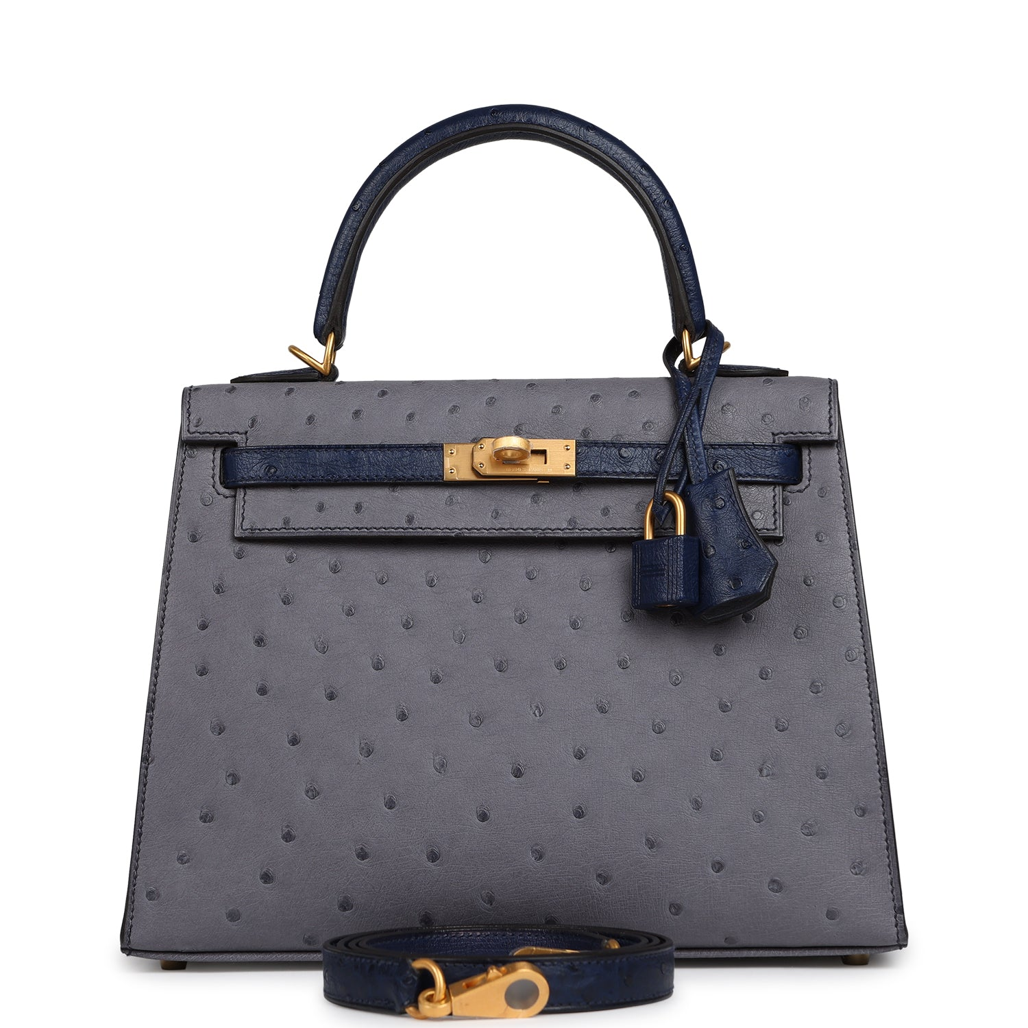 HERMèS SPECIAL ORDER (HSS) KELLY SELLIER 25 GRIS AGATE, BLEU IRIS OSTRICH BRUSHED GOLD HARDWARE