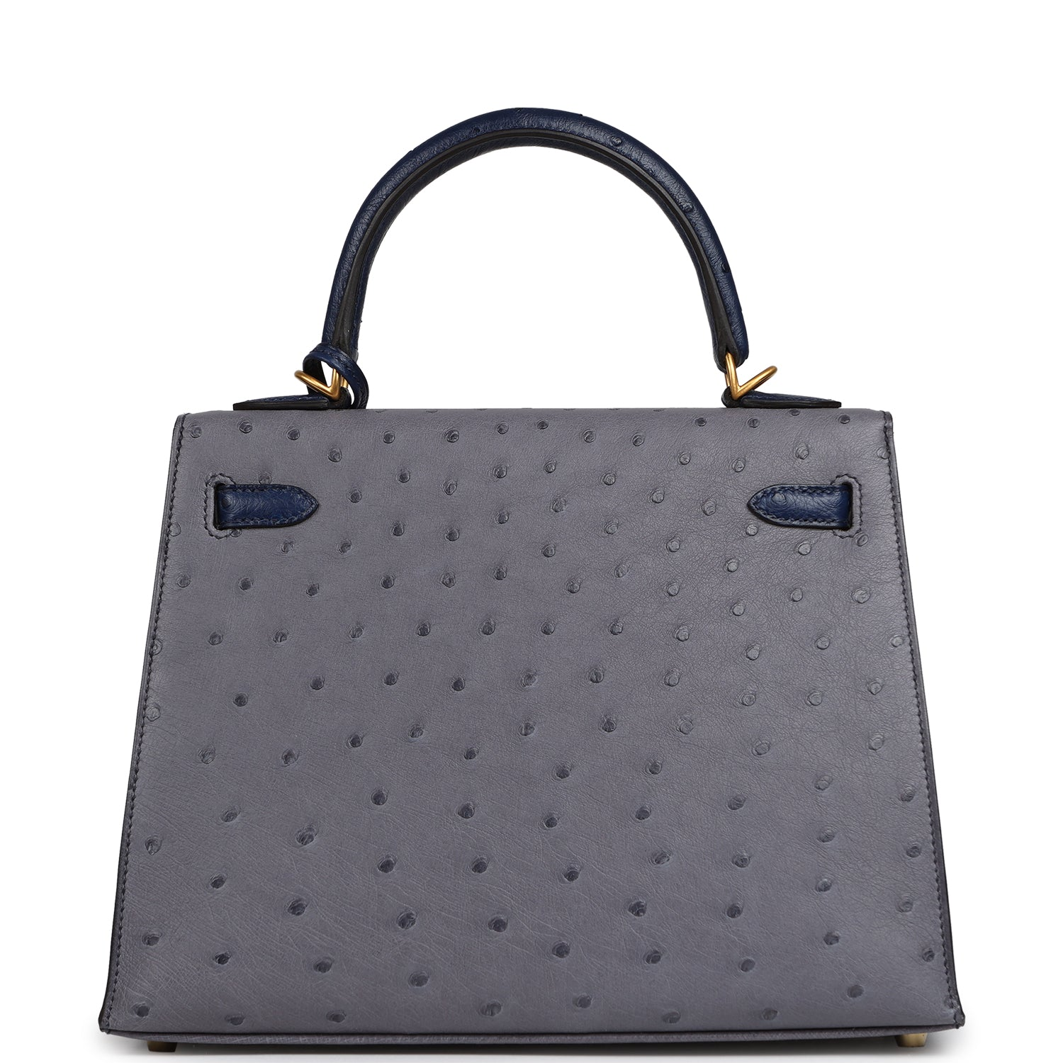 HERMèS SPECIAL ORDER (HSS) KELLY SELLIER 25 GRIS AGATE, BLEU IRIS OSTRICH BRUSHED GOLD HARDWARE