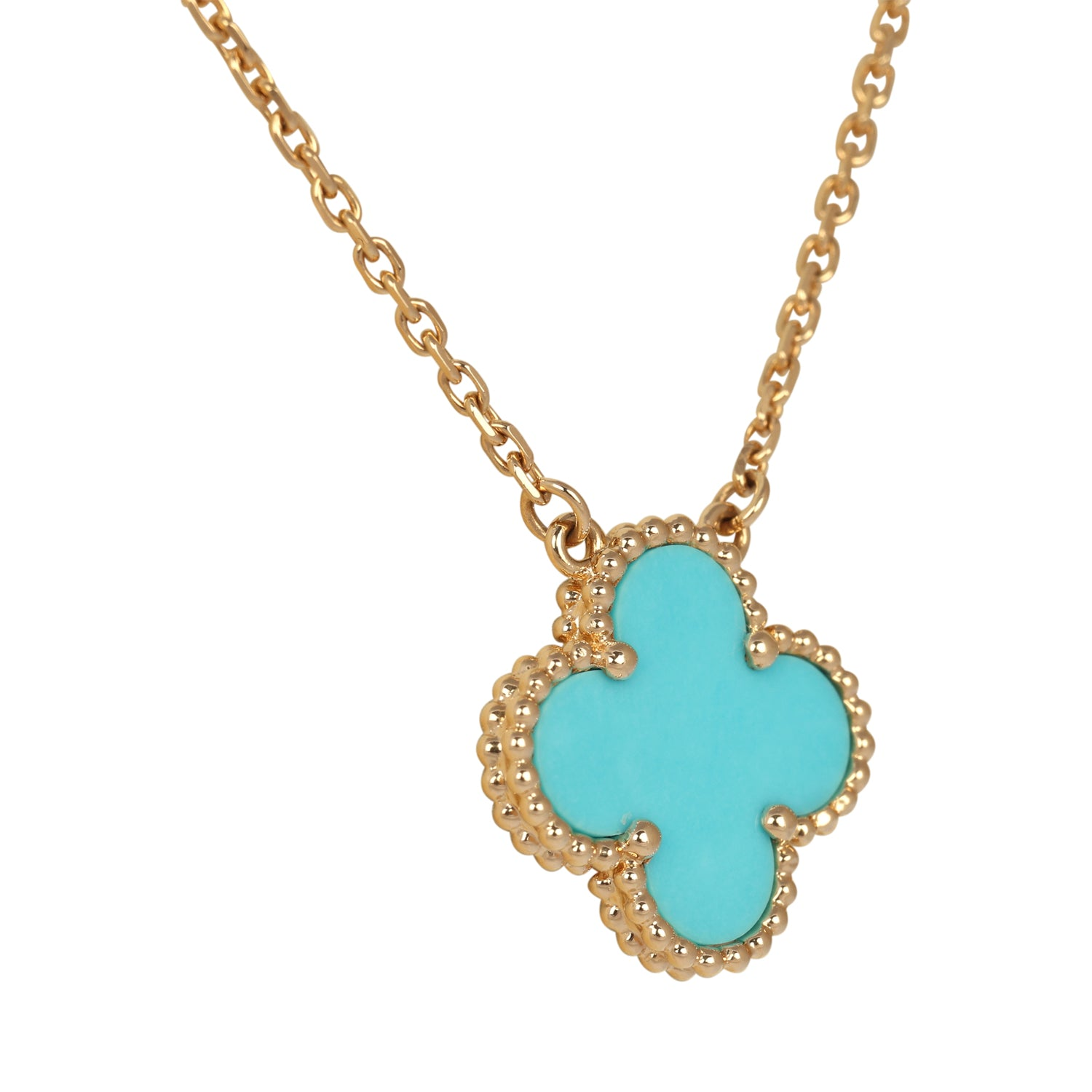 VAN CLEEF & ARPELS VINTAGE ALHAMBRA MOTIF PENDANT NECKLACE TURQUOISE 18K YELLOW GOLD