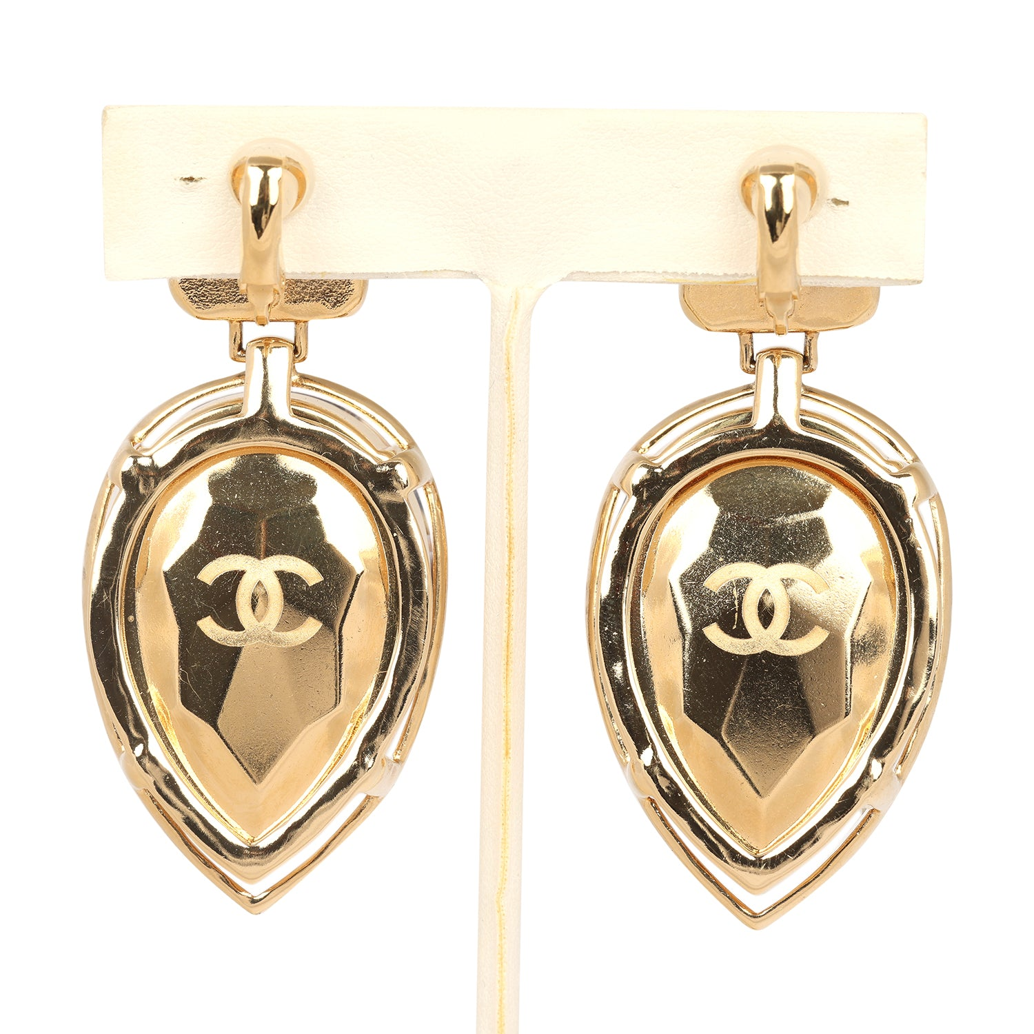 CHANEL TWEED DROP EARRINGS BLACK ENAMEL GOLD TONE HARDWARE