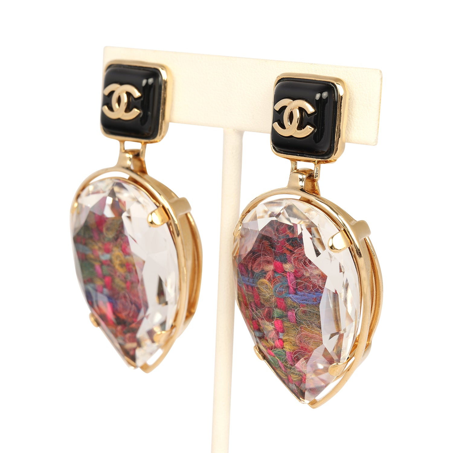 CHANEL TWEED DROP EARRINGS BLACK ENAMEL GOLD TONE HARDWARE