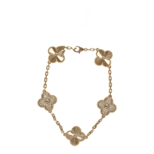VAN CLEEF & ARPELS VINTAGE ALHAMBRA 5 MOTIF BRACELET DIAMONDS 18K YELLOW GOLD GUILLOCHE