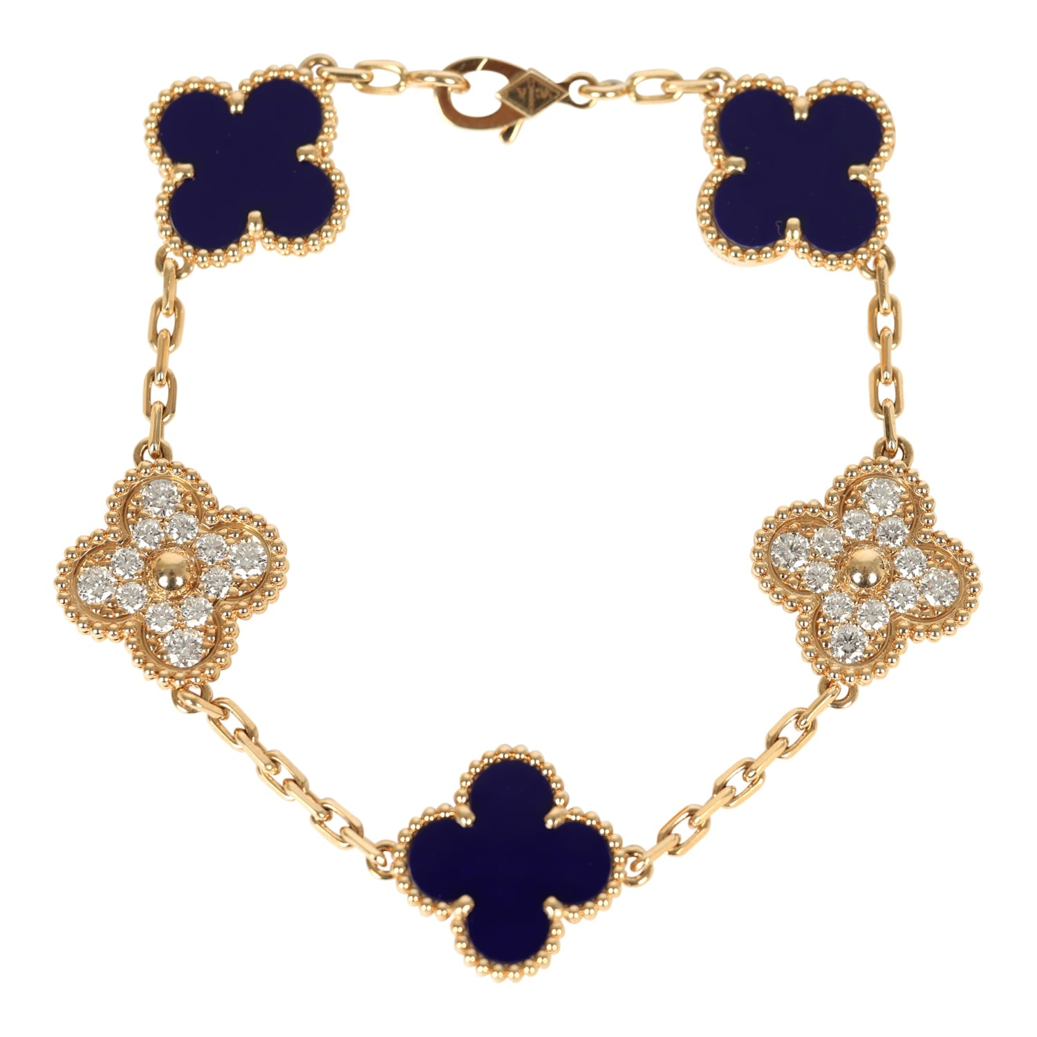 VAN CLEEF & ARPELS LIMITED EDITION "VENDOME" VINTAGE ALHAMBRA DIAMOND BRACELET AND BLUE SEVRES PORCELAIN 18K YELLOW GOLD
