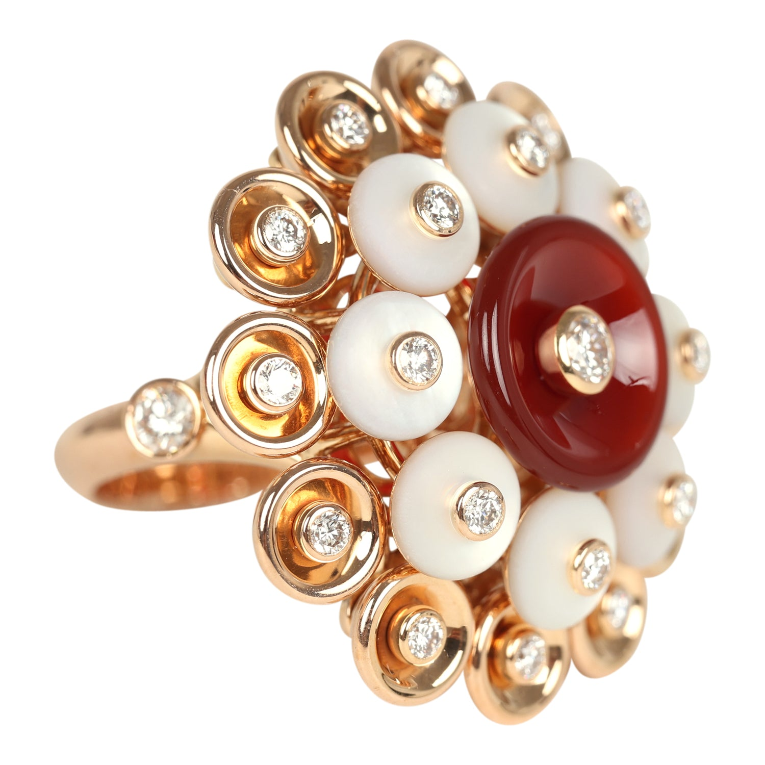 VAN CLEEF & ARPELS BOUTON D’OR RING CARNELIAN, MOTHER OF PEARL 18K ROSE GOLD & DIAMONDS