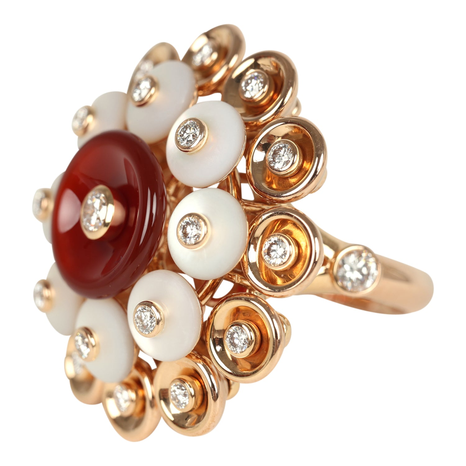 VAN CLEEF & ARPELS BOUTON D’OR RING CARNELIAN, MOTHER OF PEARL 18K ROSE GOLD & DIAMONDS