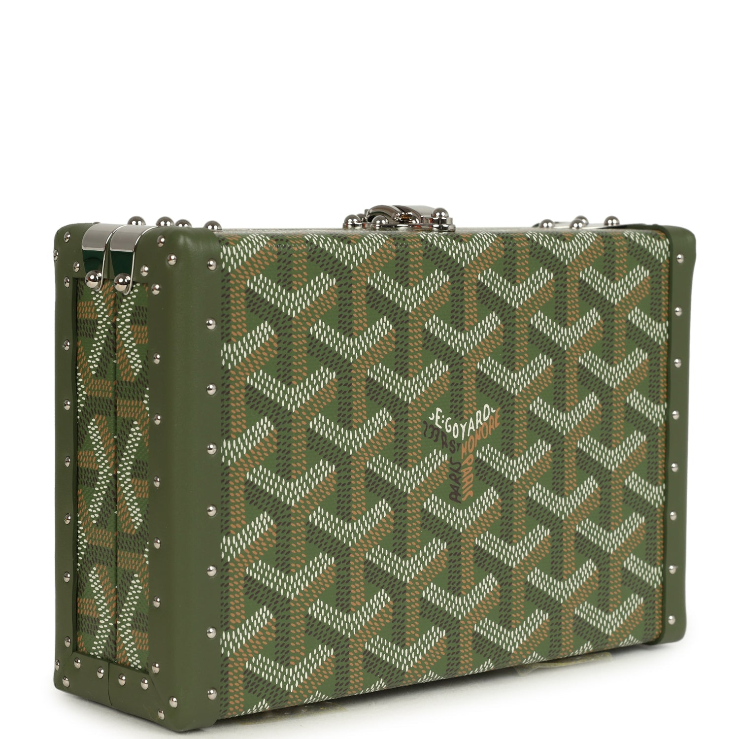 GOYARD GOYARDINE CANVAS KHAKI MINAUDIèRE TRUNK BAG PALLADIUM HARDWARE