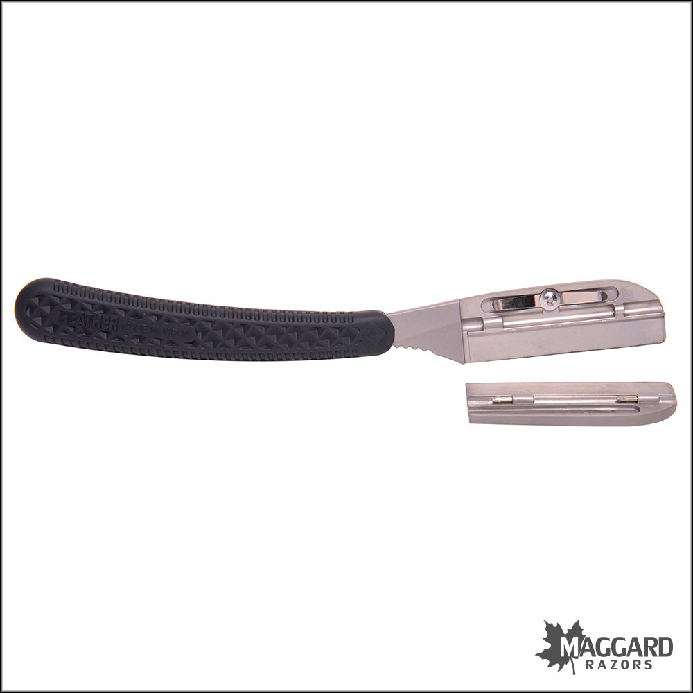 FEATHER ARTIST CLUB SR KAMISORI FIXED STRAIGHT RAZOR SHAVETTE, BLACK HANDLE SKU FTHR-SR-CONCAVE-STRAIGHT-BLACK