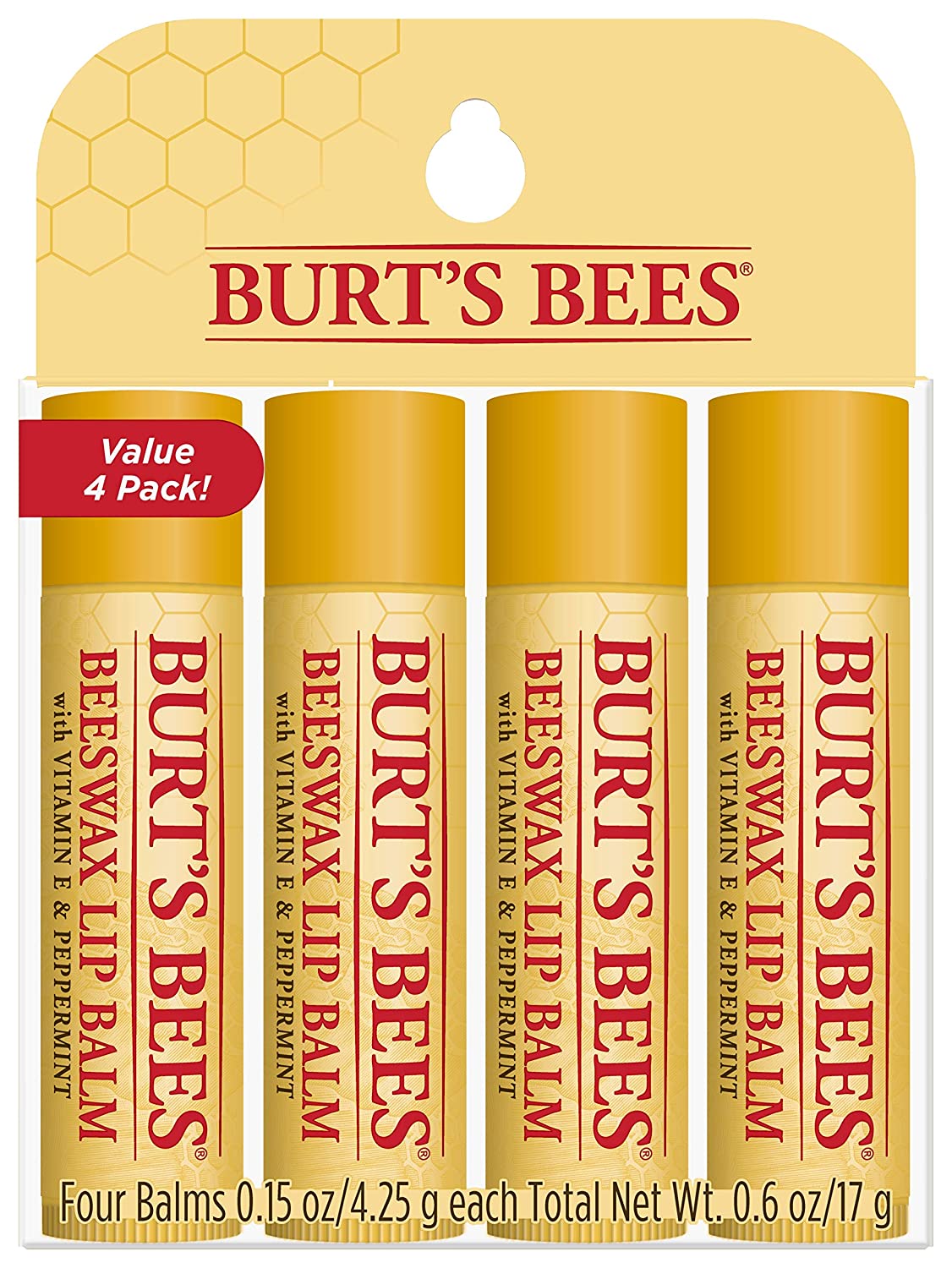 Burt's Bees Lip Balm with Vitamin E & Peppermint Oil Pack - 4 Packs