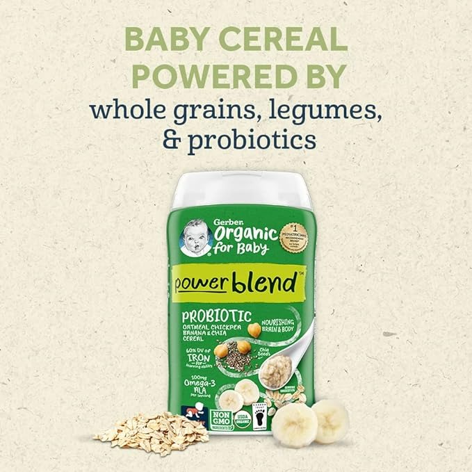 Gerber Organic Baby Food Probiotic Oatmeal Chickpea Banana & Chia Cereal - 8 Oz - 6'lı Paket-1