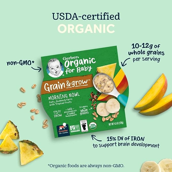 Gerber Organic Grain & Grow Morning Bowl, Oats, Red Quinoa & Farro with Tropical Fruits - 4.5 Oz - 8'li Paket-1