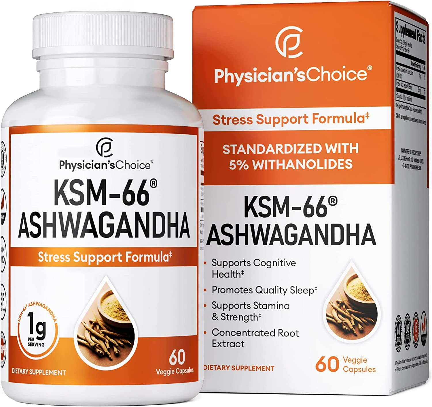 Physician's Choice KSM-66 Ashwagandha Root Powder Extract - Stress, Mood, & Well Being Support - 1000 Mg - 60 Kapsül-0